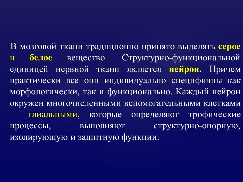 В мозговой ткани традиционно принято выделять серое и белое вещество. Структурно-функциональной единицей нервной ткани